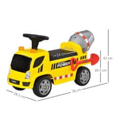 HOMCOM Otroški avto 2 v 1 z mešalnikom betona, lučkami in zvoki, starost od 18 do 36 mesecev,
78x28,2x42cm, rumena