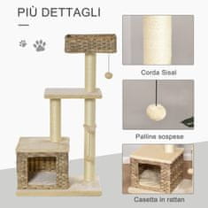 PAWHUT PawHut 109 cm praskalnik za mačke do 5 kg, drevo za praskanje z boksom, igračami in vrvjo, bež, 60x40x109 cm
