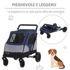PAWHUT otroški voziček za pse do 30 kg, zložljiv otroški voziček za pse z nastavljivim krmilom, sivo-modri, 104,5x68,5x110
cm