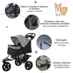 PAWHUT 3-kolesni zložljivi voziček za pse z
zavorami, košarico za shranjevanje in držalom za steklenico, iz jekla in oksforda, sive in črne barve,
109,5x57,5x106,5 cm
