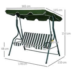 OUTSUNNY Outsunny 3-sedežni gugalnik z baldahinom | jeklena konstrukcija | do 200 kg | črte zelene in bele barve | 170x110x153cm