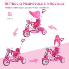 HOMCOM Otroški tricikel za 3- 8 let z zvoki in lučkami, tricikel z ročajem in odstranljivo streho v obliki motornega kolesa, roza
