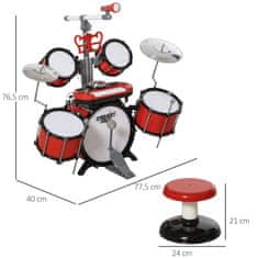 HOMCOM HOMCOM Otroški bobnarski set z glasbenimi instrumenti, zvočnimi učinki in mikrofonom za igrače, 77,5 x 40 x 76,5 cm, rdeč