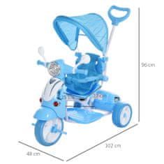 HOMCOM tricikel s krmilom v obliki motornega kolesa za otroke od 18 do 72 mesecev (25 kg) s snemljivo streho in
zgornjim kovčkom, svetlo
modra