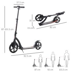 HOMCOM zložljivi aluminijasti skiro za potiskanje za odrasle in otroke, velika kolesa, nastavljivo krmilo (87-101,5 cm), do 100 kg, črn