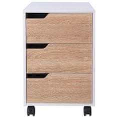 HOMCOM moderna komoda iz mdf s 3 predali in 4 kolesi, za pisarno ali kabinet, bela in lesena barva, 40x50x57,5
cm