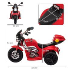 HOMCOM HOMCOM Otroški električni motocikel s 6V baterijo in 3 kolesi, z lučkami in glasbo, hitrost 3 km/h, za otroke od 18-36 mesecev, 87x46x54cm, rdeč, rdeč