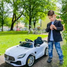 HOMCOM 12v otroški električni avto z licenco mercedes-amg gtr, hitrost 3-5 km/h, daljinski upravljalnik, luči in zvoki,
bel