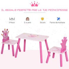 HOMCOM Garnitura mize in dveh stolov za otroško sobo z motivom princeske iz roza lesa z naslonjalom v obliki
krone