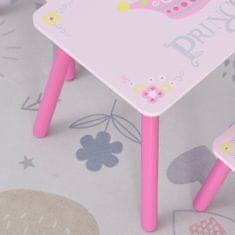 HOMCOM Garnitura mize in dveh stolov za otroško sobo z motivom princeske iz roza lesa z naslonjalom v obliki
krone