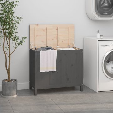 Vidaxl Zaboj za perilo siv 88,5x44x76 cm trdna borovina