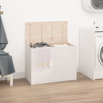 Vidaxl Zaboj za perilo bel 88,5x44x66 cm trdna borovina