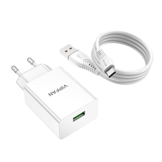 slomart Vipfan E03 omrežni polnilnik, 1x USB, 18W, QC 3.0 + kabel USB-C (bel)