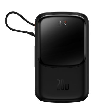 BASEUS Qpow powerbank 10000 mAh z vgrajenim kablom Lightning 20W Quick Charge SCP AFC FCP črna (PPQD020001)