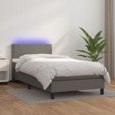 Vidaxl Box spring postelja z vzmetnico LED siva 90x200 cm umetno usnje