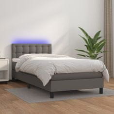 Vidaxl Box spring postelja z vzmetnico LED siva 90x200 cm umetno usnje