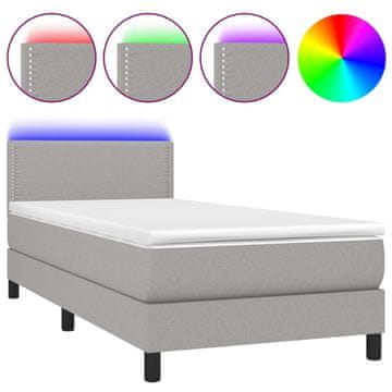 Vidaxl Box spring postelja z vzmetnico LED sv. siva 100x200 cm blago
