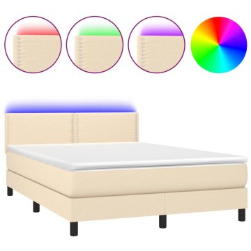 Vidaxl Box spring postelja z vzmetnico LED krem 140x200 cm blago