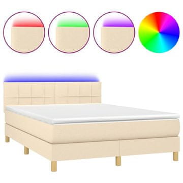 Vidaxl Box spring postelja z vzmetnico LED krem 140x190 cm blago