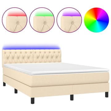 Vidaxl Box spring postelja z vzmetnico LED krem 140x200 cm blago