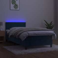 Vidaxl Box spring postelja z vzmetnico LED temno modra 90x200 cm žamet