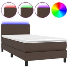 Vidaxl Box spring postelja z vzmetnico LED rjava 90x200 cm um. usnje