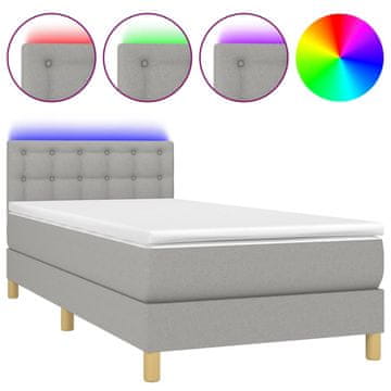 Vidaxl Box spring postelja z vzmetnico LED sv. siva 100x200 cm blago