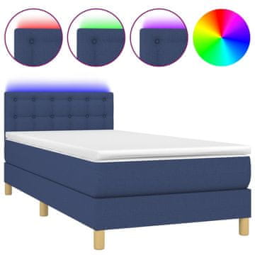 Vidaxl Box spring postelja z vzmetnico LED modra 100x200 cm blago