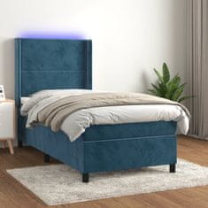 Vidaxl Box spring postelja z vzmetnico LED temno modra 90x200 cm žamet
