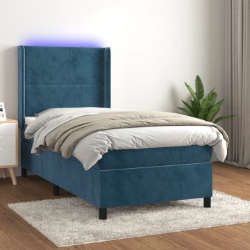 Vidaxl Box spring postelja z vzmetnico LED temno modra 90x200 cm žamet
