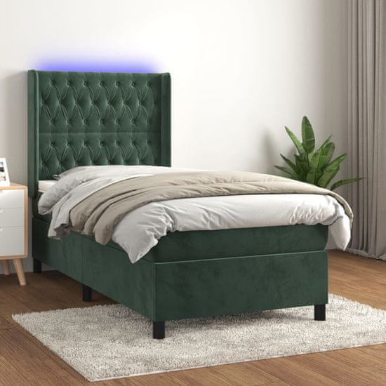 shumee Box spring postelja z vzmetnico LED tem. zelena 90x190 cm žamet