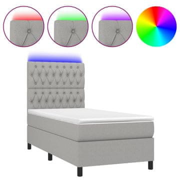 Vidaxl Box spring postelja z vzmetnico LED sv. siva 100x200 cm blago