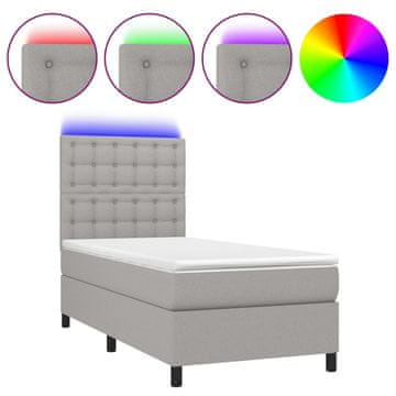 Vidaxl Box spring postelja z vzmetnico LED sv. siva 100x200 cm blago