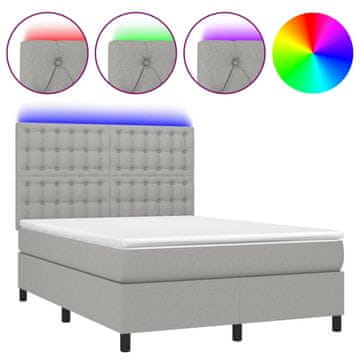 Vidaxl Box spring postelja z vzmetnico LED sv. siva 140x200 cm blago