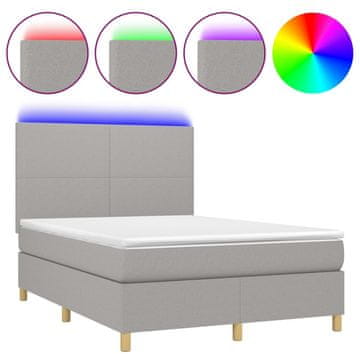 Vidaxl Box spring postelja z vzmetnico LED svetlo siva 140x190cm blago