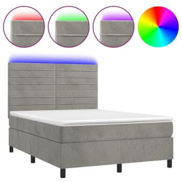 Vidaxl Box spring postelja z vzmetnico LED sv. siva 140x190 cm žamet