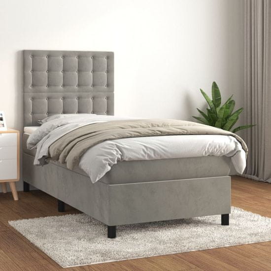 Greatstore Box spring postelja z vzmetnico svetlo siva 90x200 cm žamet