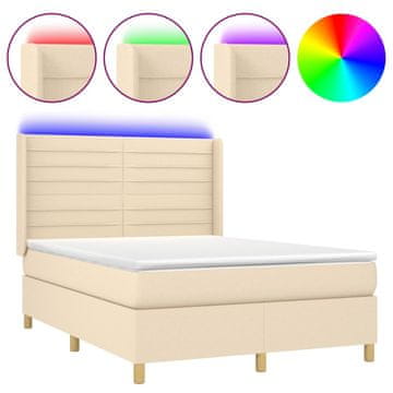 Vidaxl Box spring postelja z vzmetnico LED krem 140x190 cm blago