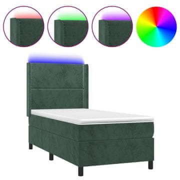 Vidaxl Box spring postelja z vzmetnico LED tem. zelena 90x200 cm žamet