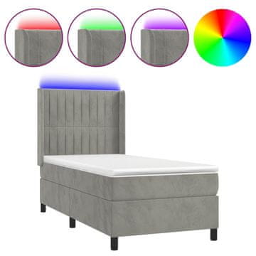 Vidaxl Box spring postelja z vzmetnico LED svetlo siva 90x200 cm žamet