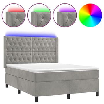 Vidaxl Box spring postelja z vzmetnico LED sv. siva 140x190 cm žamet