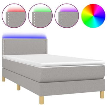 Vidaxl Box spring postelja z vzmetnico LED sv. siva 100x200 cm blago