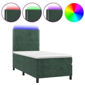Vidaxl Box spring postelja z vzmetnico LED tem. zelena 100x200cm žamet