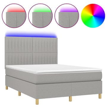 Vidaxl Box spring postelja z vzmetnico LED svetlo siva 140x190cm blago
