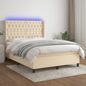 Vidaxl Box spring postelja z vzmetnico LED krem 140x200 cm blago