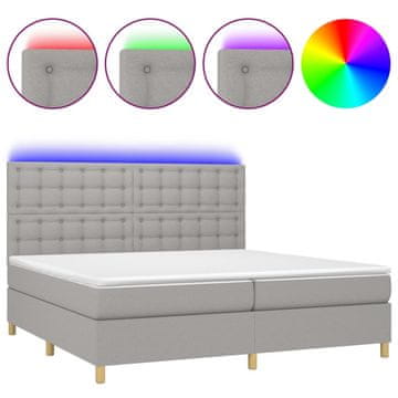 Vidaxl Box spring postelja z vzmetnico LED sv. siva 200x200 cm blago