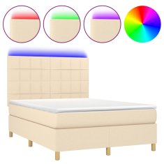 Vidaxl Box spring postelja z vzmetnico LED krem 140x200 cm blago