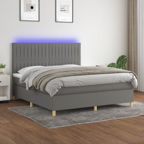 Vidaxl Box spring postelja z vzmetnico LED temno siva 160x200 cm blago