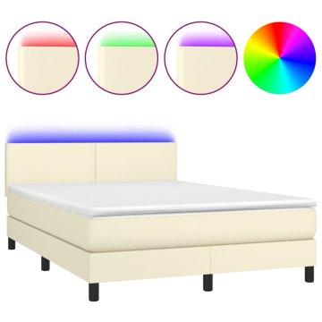 Vidaxl Box spring postelja z vzmetnico LED krem 140x190cm umetno usnje