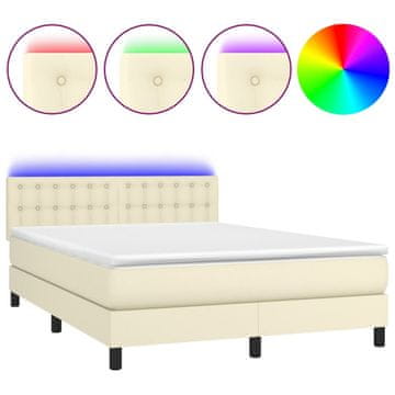 Vidaxl Box spring postelja z vzmetnico LED krem 140x190cm umetno usnje